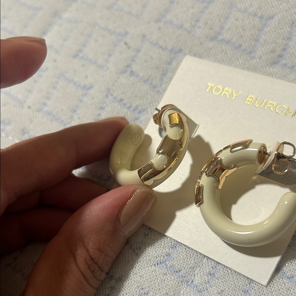 Tory Burch Gold and Cream Hoop Earrings - Picture 3 of 6